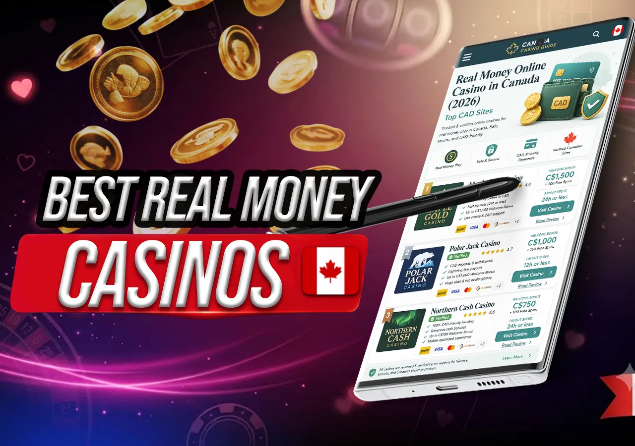 Real money casino sites in Canada with CAD payments, mobile rankings and falling gold coins