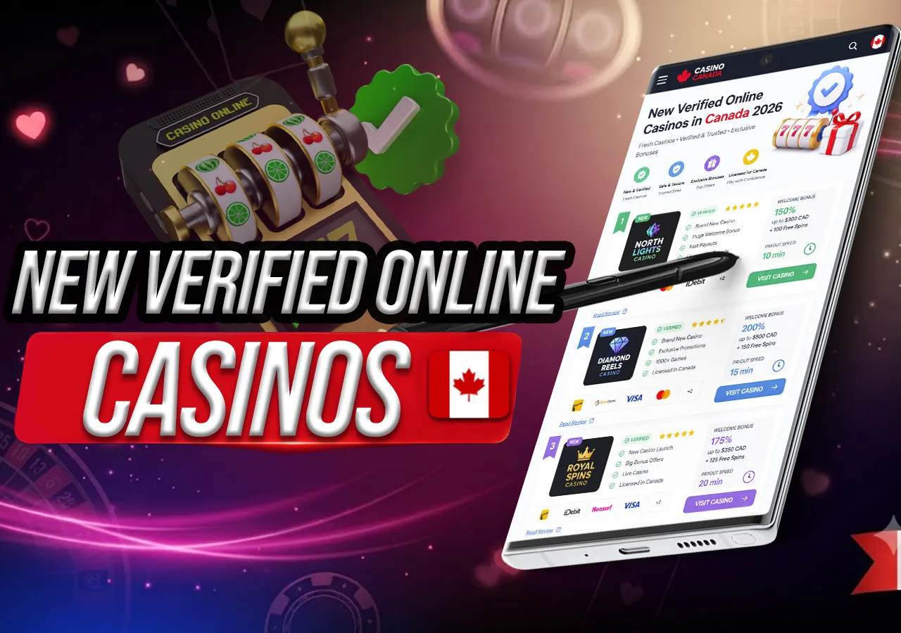 New verified online casinos in Canada with slot machine, approval badge and mobile ranking list